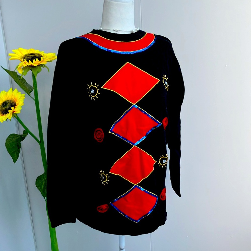 Vintage 80s 90s Black, Red, Blue Geometric Funky Embellished Statement Sweater